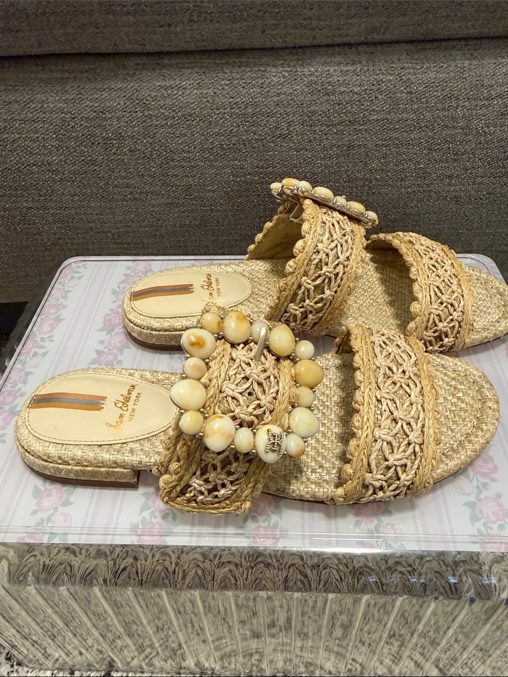 Sam Edelman Natural Woven Slide Sandals with Decorative Beaded Buckles like new!